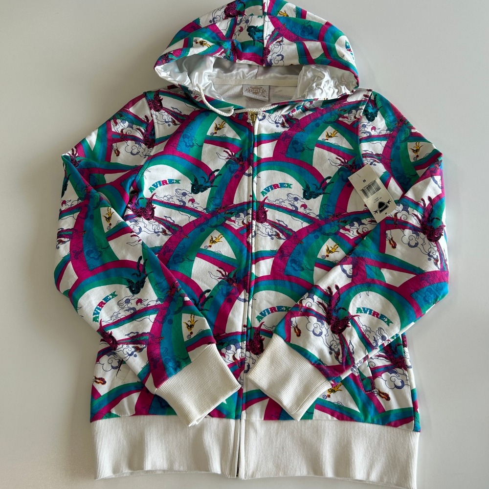 Avirex Womens Full Zip Hoodie White Rainbow Graphic Print F07 33207 AJ Size M